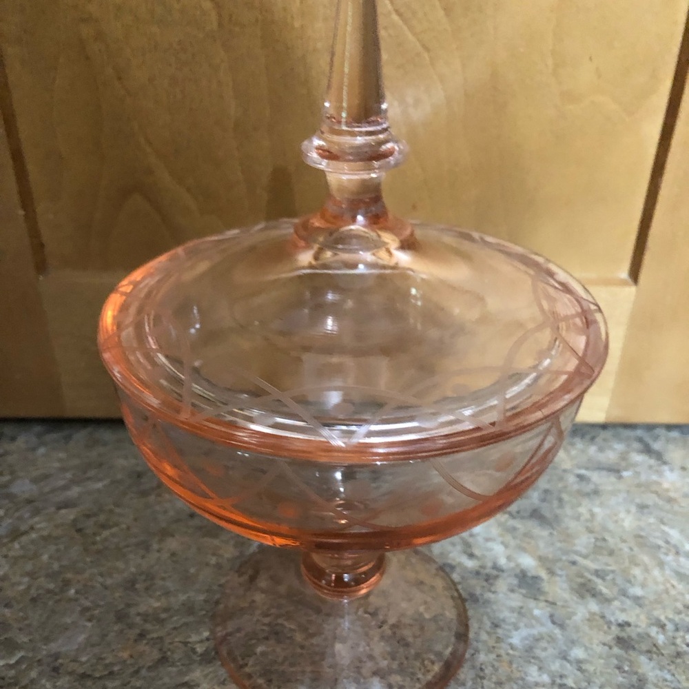 Vtg Pink/Peach Depression Glass Etched Candy Dish